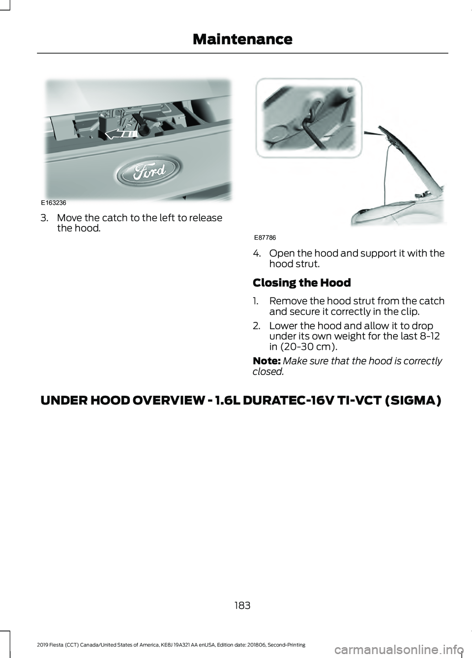 FORD FIESTA 2019  Owners Manual 3. Move the catch to the left to release
the hood. 4.
Open the hood and support it with the
hood strut.
Closing the Hood
1. Remove the hood strut from the catch
and secure it correctly in the clip.
2.