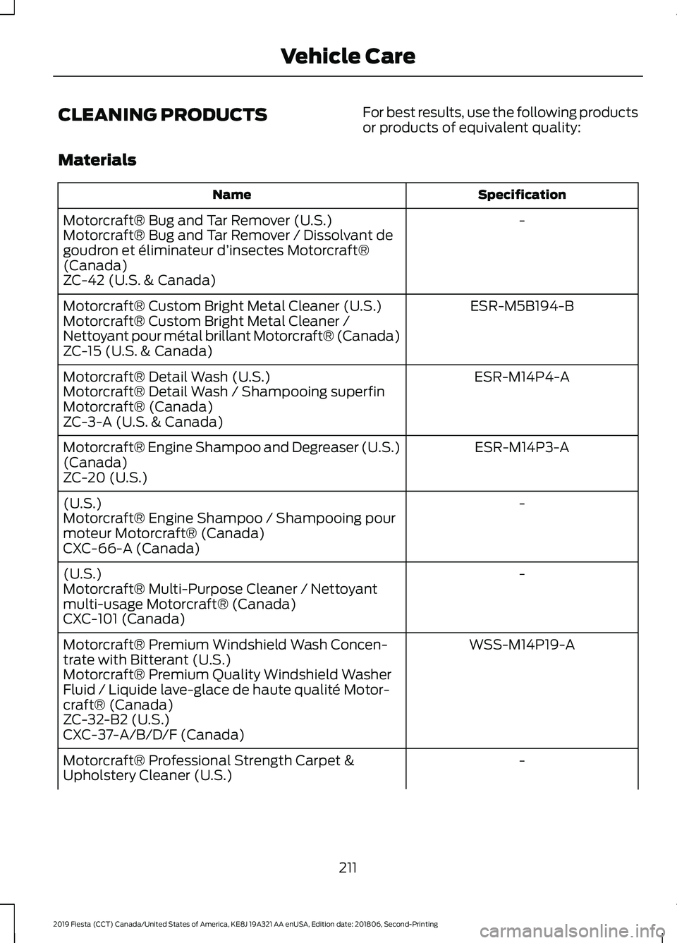 FORD FIESTA 2019  Owners Manual CLEANING PRODUCTS
For best results, use the following products
or products of equivalent quality:
Materials Specification
Name
-
Motorcraft® Bug and Tar Remover (U.S.)
Motorcraft® Bug and Tar Remove