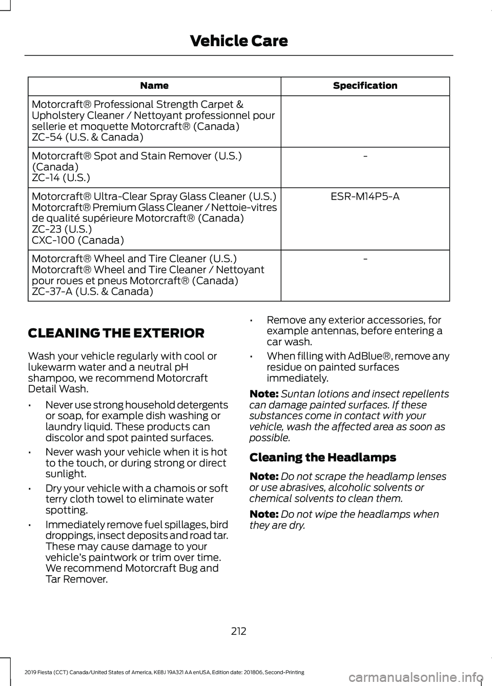 FORD FIESTA 2019  Owners Manual Specification
Name
Motorcraft® Professional Strength Carpet &
Upholstery Cleaner / Nettoyant professionnel pour
sellerie et moquette Motorcraft® (Canada)
ZC-54 (U.S. & Canada) -
Motorcraft® Spot an