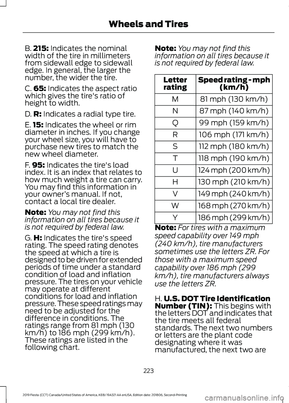 FORD FIESTA 2019  Owners Manual B.
215: Indicates the nominal
width of the tire in millimeters
from sidewall edge to sidewall
edge. In general, the larger the
number, the wider the tire.
C. 65:
 Indicates the aspect ratio
which give