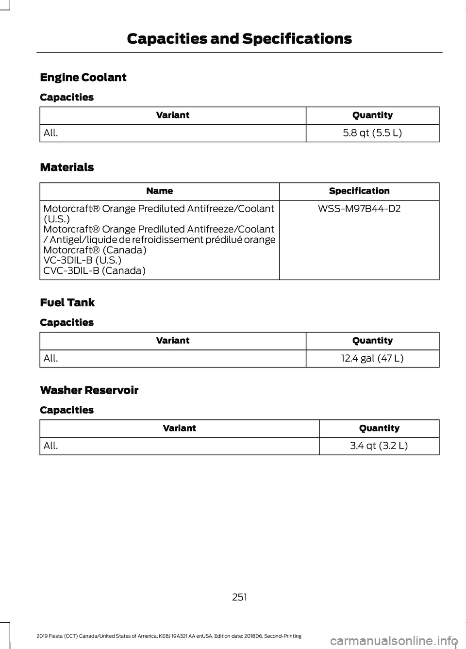 FORD FIESTA 2019  Owners Manual Engine Coolant
Capacities
Quantity
Variant
5.8 qt (5.5 L)
All.
Materials Specification
Name
WSS-M97B44-D2
Motorcraft® Orange Prediluted Antifreeze/Coolant
(U.S.)
Motorcraft® Orange Prediluted Antifr