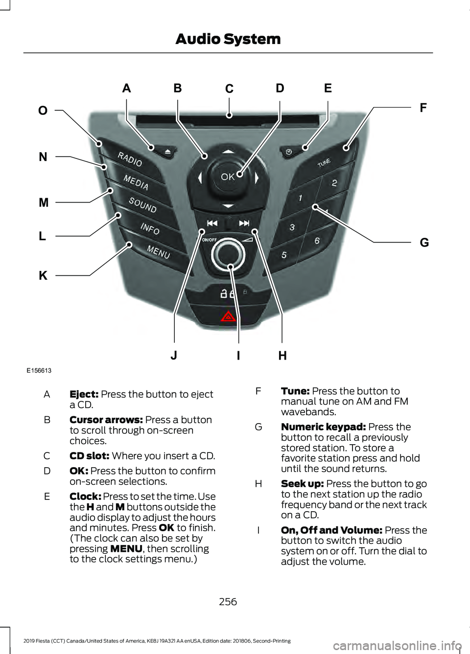 FORD FIESTA 2019 Service Manual Eject: Press the button to eject
a CD.
A
Cursor arrows:
 Press a button
to scroll through on-screen
choices.
B
CD slot:
 Where you insert a CD.
C
OK:
 Press the button to confirm
on-screen selections.