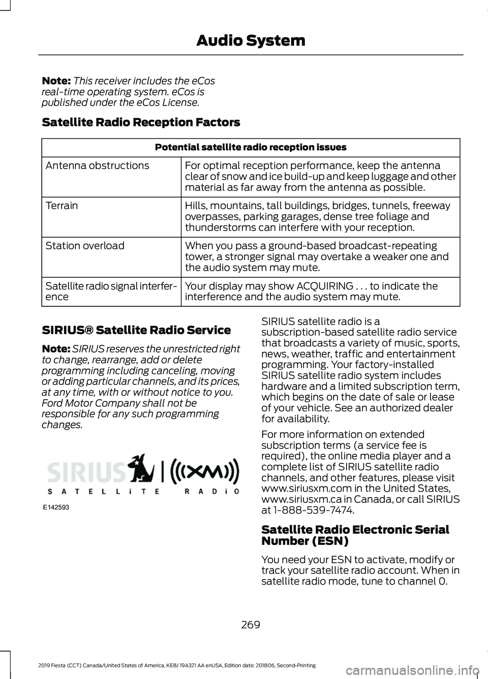FORD FIESTA 2019  Owners Manual Note:
This receiver includes the eCos
real-time operating system. eCos is
published under the eCos License.
Satellite Radio Reception Factors Potential satellite radio reception issues
For optimal rec