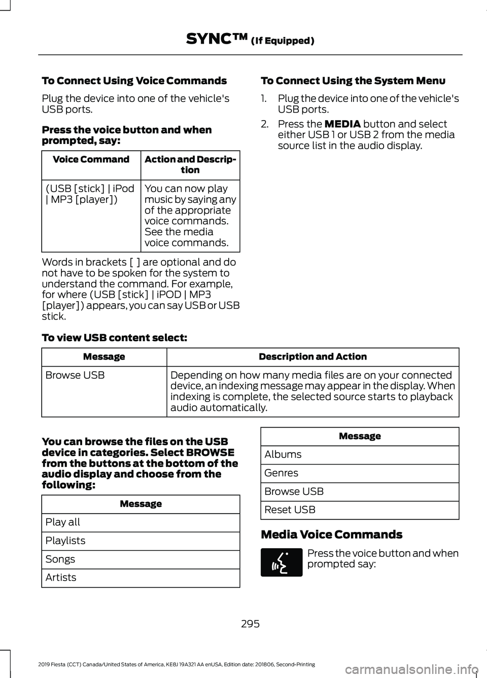 FORD FIESTA 2019  Owners Manual To Connect Using Voice Commands
Plug the device into one of the vehicle's
USB ports.
Press the voice button and when
prompted, say:
Action and Descrip-
tion
Voice Command
You can now play
music by