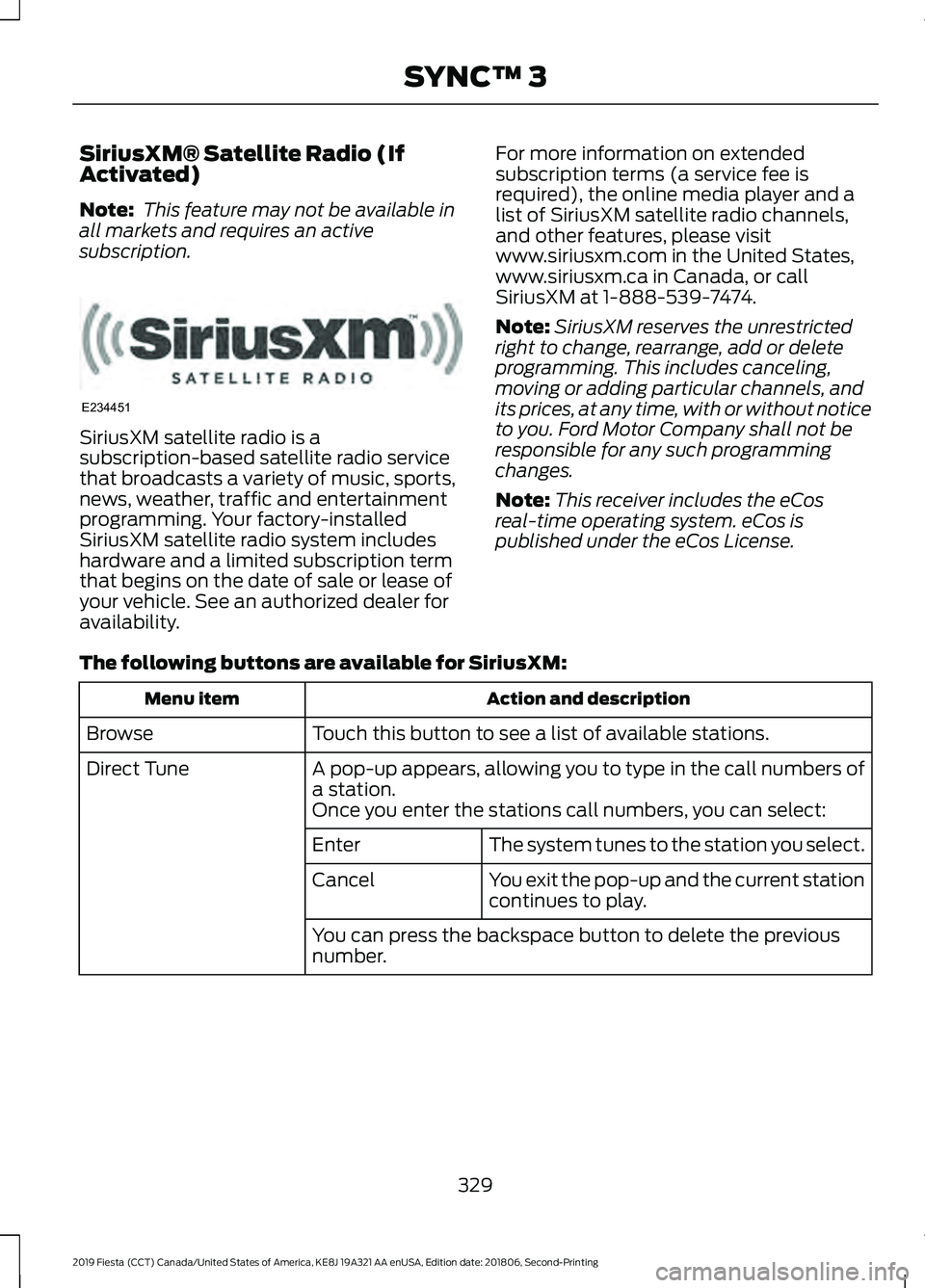 FORD FIESTA 2019 Owners Manual SiriusXM® Satellite Radio (If
Activated)
Note:
This feature may not be available in
all markets and requires an active
subscription. SiriusXM satellite radio is a
subscription-based satellite radio FORD FIESTA 2019 Owners Manual SiriusXM® Satellite Radio (If
Activated)
Note:
This feature may not be available in
all markets and requires an active
subscription. SiriusXM satellite radio is a
subscription-based satellite radio