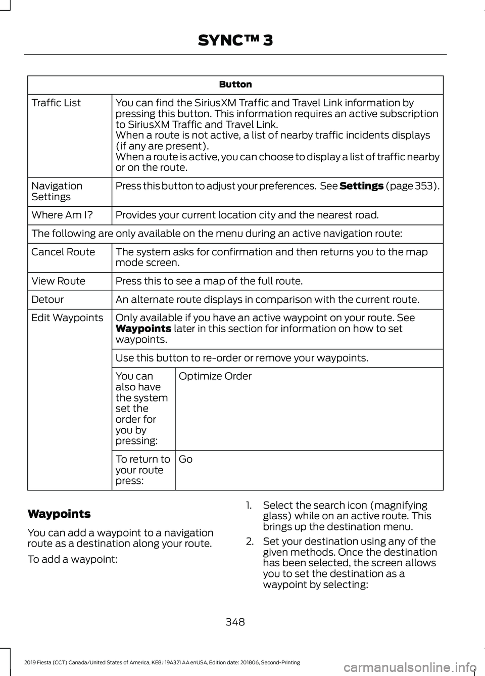 FORD FIESTA 2019 Owners Manual Button
You can find the SiriusXM Traffic and Travel Link information by
pressing this button. This information requires an active subscription
to SiriusXM Traffic and Travel Link.
Traffic List
When a FORD FIESTA 2019 Owners Manual Button
You can find the SiriusXM Traffic and Travel Link information by
pressing this button. This information requires an active subscription
to SiriusXM Traffic and Travel Link.
Traffic List
When a