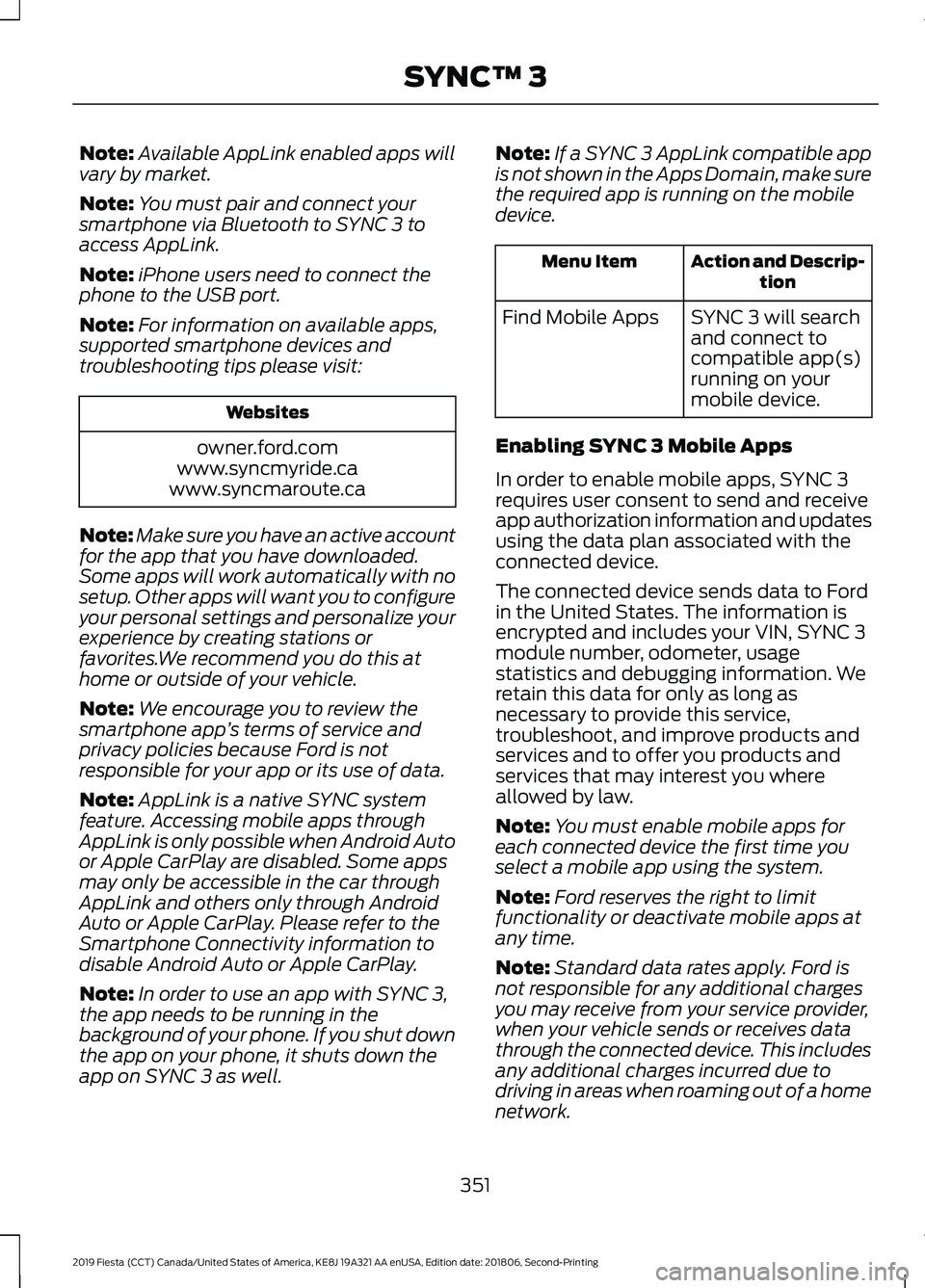 FORD FIESTA 2019 Owners Manual Note:
Available AppLink enabled apps will
vary by market.
Note: You must pair and connect your
smartphone via Bluetooth to SYNC 3 to
access AppLink.
Note: iPhone users need to connect the
phone to the FORD FIESTA 2019 Owners Manual Note:
Available AppLink enabled apps will
vary by market.
Note: You must pair and connect your
smartphone via Bluetooth to SYNC 3 to
access AppLink.
Note: iPhone users need to connect the
phone to the