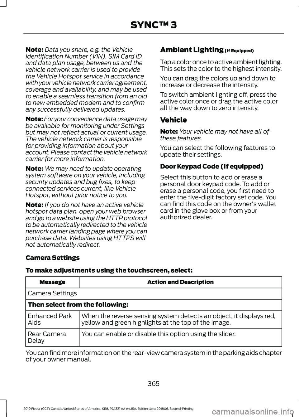 FORD FIESTA 2019  Owners Manual Note:
Data you share, e.g. the Vehicle
Identification Number (VIN), SIM Card ID,
and data plan usage, between us and the
vehicle network carrier is used to provide
the Vehicle Hotspot service in accor