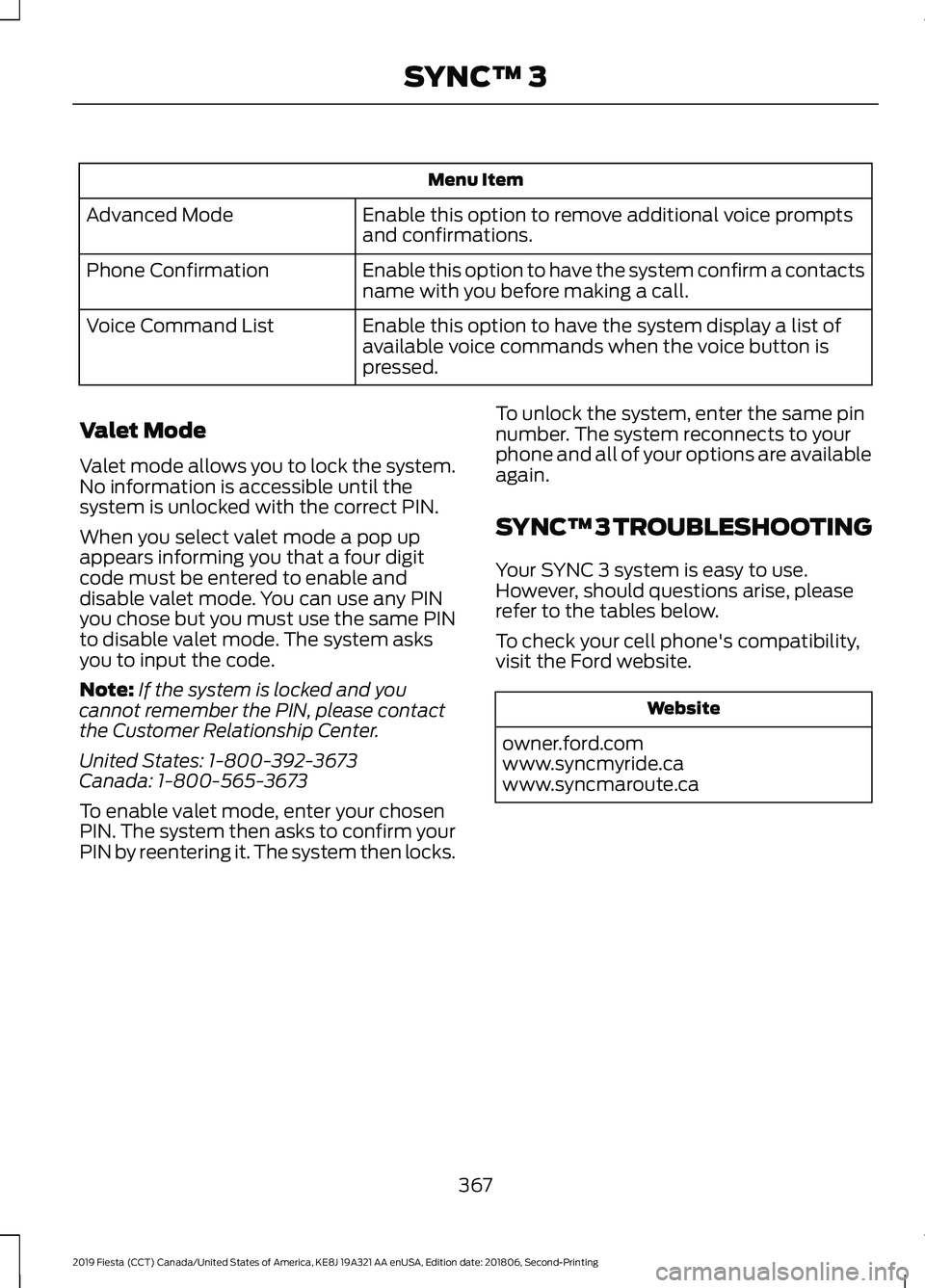 FORD FIESTA 2019 Owners Manual Menu Item
Enable this option to remove additional voice prompts
and confirmations.
Advanced Mode
Enable this option to have the system confirm a contacts
name with you before making a call.
Phone Conf FORD FIESTA 2019 Owners Manual Menu Item
Enable this option to remove additional voice prompts
and confirmations.
Advanced Mode
Enable this option to have the system confirm a contacts
name with you before making a call.
Phone Conf