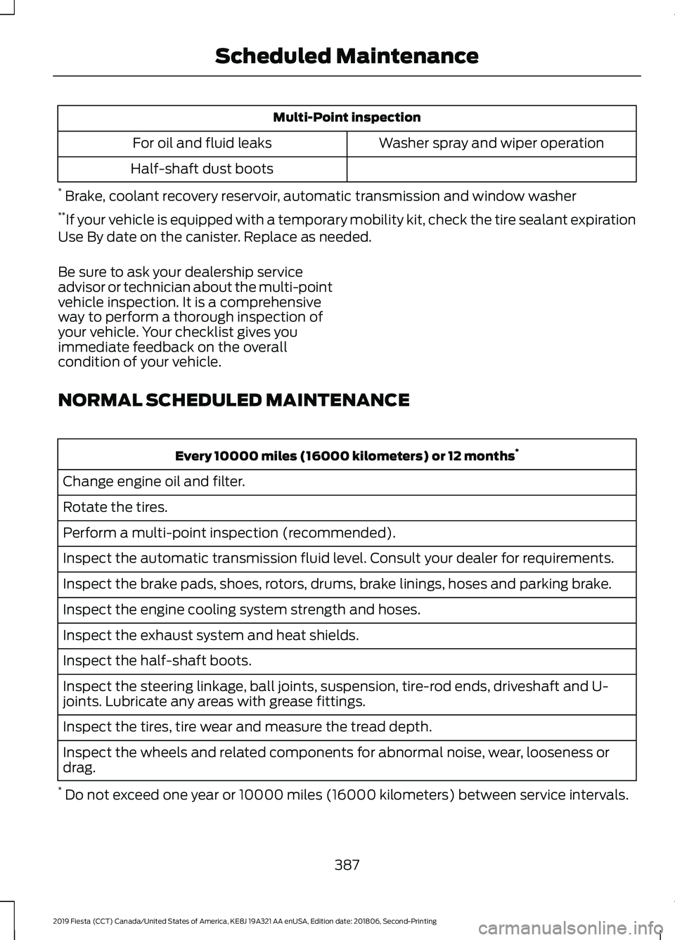 FORD FIESTA 2019  Owners Manual Multi-Point inspection
Washer spray and wiper operation
For oil and fluid leaks
Half-shaft dust boots
*  Brake, coolant recovery reservoir, automatic transmission and window washer
** If your vehicle 