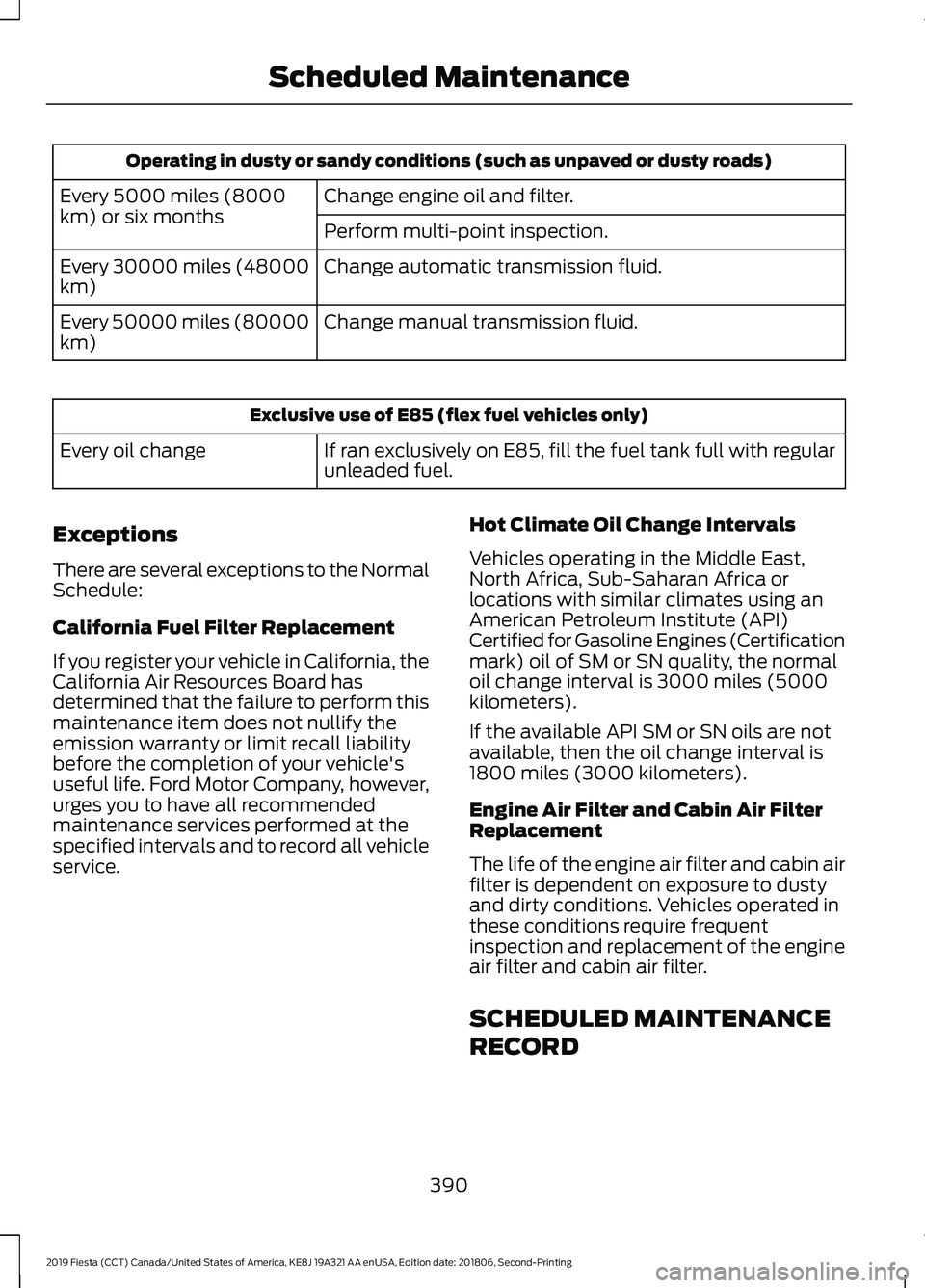 FORD FIESTA 2019  Owners Manual Operating in dusty or sandy conditions (such as unpaved or dusty roads)
Change engine oil and filter.
Every 5000 miles (8000
km) or six months
Perform multi-point inspection.
Change automatic transmis