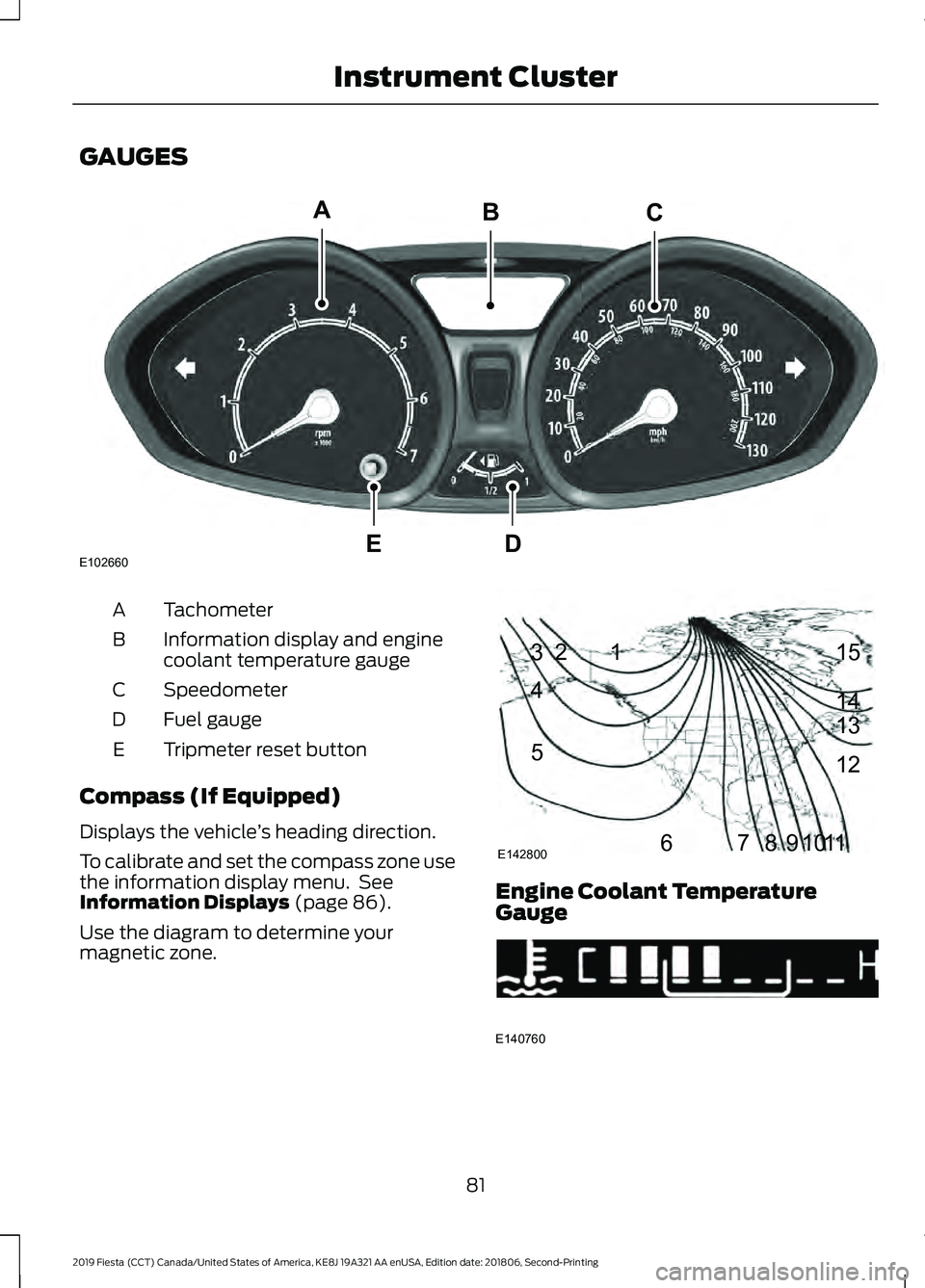 FORD FIESTA 2019  Owners Manual GAUGES
Tachometer
A
Information display and engine
coolant temperature gauge
B
Speedometer
C
Fuel gauge
D
Tripmeter reset button
E
Compass (If Equipped)
Displays the vehicle ’s heading direction.
To