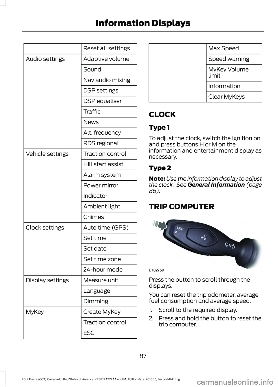 FORD FIESTA 2019  Owners Manual Reset all settings
Adaptive volume
Audio settings
Sound
Nav audio mixing
DSP settings
DSP equaliser
Traffic
News
Alt. frequency
RDS regional
Traction control
Vehicle settings
Hill start assist
Alarm s