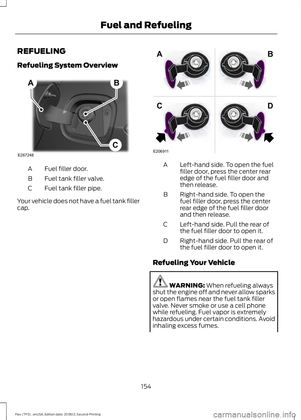 FORD FLEX 2019  Owners Manual REFUELING
Refueling System Overview
Fuel filler door.
A
Fuel tank filler valve.
B
Fuel tank filler pipe.
C
Your vehicle does not have a fuel tank filler
cap. Left-hand side. To open the fuel
filler do