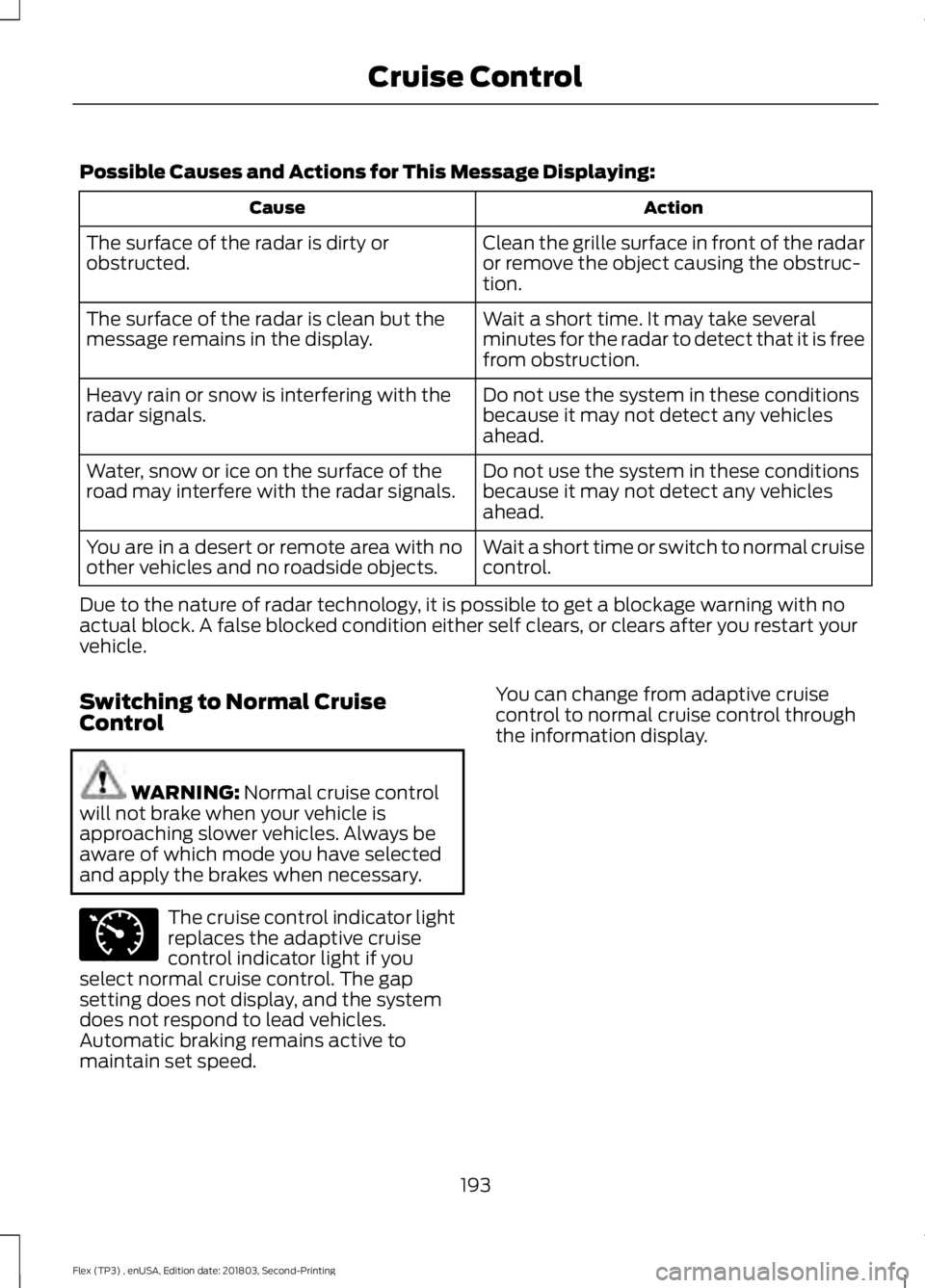 FORD FLEX 2019 Owners Manual Possible Causes and Actions for This Message Displaying:
Action
Cause
Clean the grille surface in front of the radar
or remove the object causing the obstruc-
tion.
The surface of the radar is dirty o FORD FLEX 2019 Owners Manual Possible Causes and Actions for This Message Displaying:
Action
Cause
Clean the grille surface in front of the radar
or remove the object causing the obstruc-
tion.
The surface of the radar is dirty o