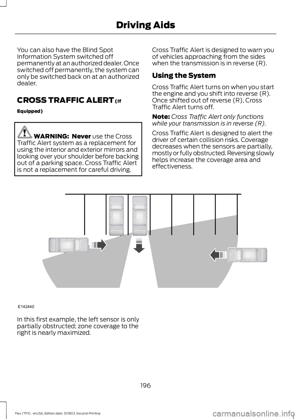 FORD FLEX 2019 Owners Guide You can also have the Blind Spot
Information System switched off
permanently at an authorized dealer. Once
switched off permanently, the system can
only be switched back on at an authorized
dealer.
CR FORD FLEX 2019 Owners Guide You can also have the Blind Spot
Information System switched off
permanently at an authorized dealer. Once
switched off permanently, the system can
only be switched back on at an authorized
dealer.
CR