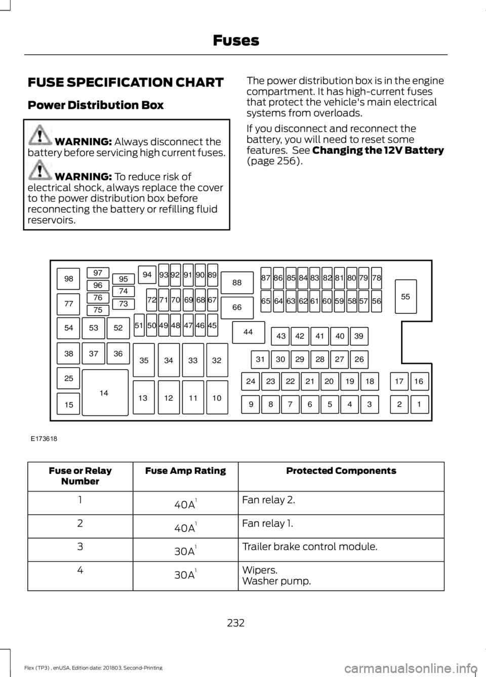 FORD FLEX 2019  Owners Manual FUSE SPECIFICATION CHART
Power Distribution Box
WARNING: Always disconnect the
battery before servicing high current fuses. WARNING: 
To reduce risk of
electrical shock, always replace the cover
to th