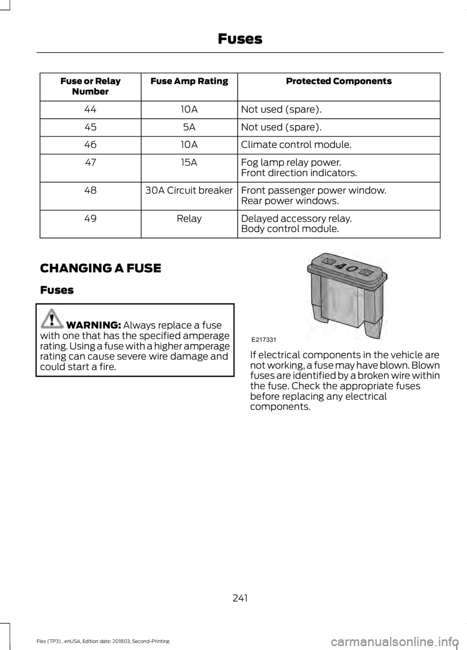 FORD FLEX 2019  Owners Manual Protected Components
Fuse Amp Rating
Fuse or Relay
Number
Not used (spare).
10A
44
Not used (spare).
5A
45
Climate control module.
10A
46
Fog lamp relay power.
15A
47
Front direction indicators.
Front