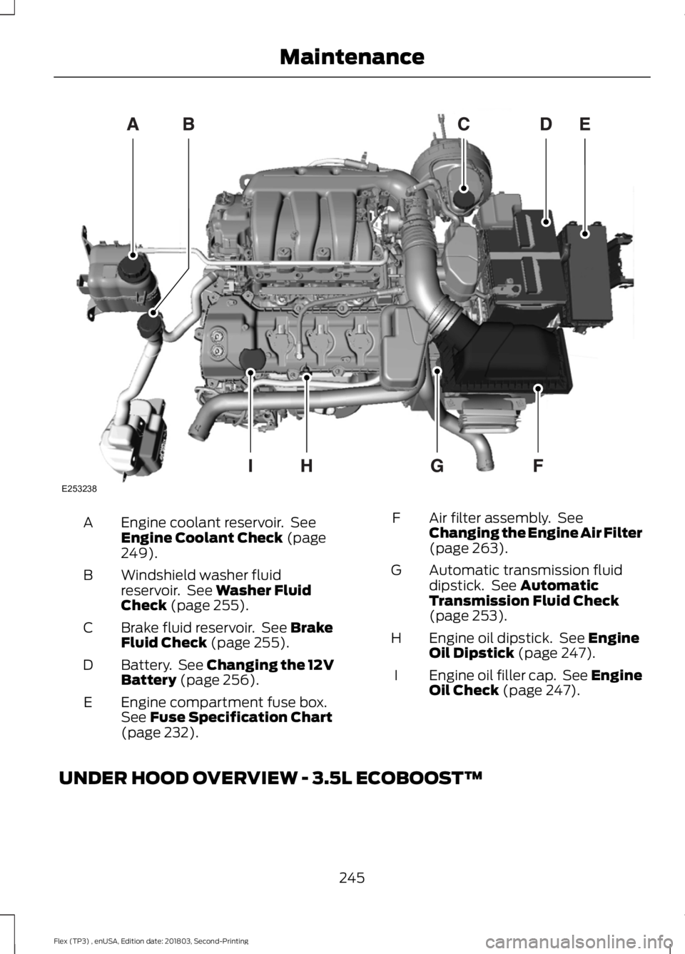 FORD FLEX 2019  Owners Manual Engine coolant reservoir.  See
Engine Coolant Check (page
249).
A
Windshield washer fluid
reservoir.  See 
Washer Fluid
Check (page 255).
B
Brake fluid reservoir.  See 
Brake
Fluid Check (page 255).
C