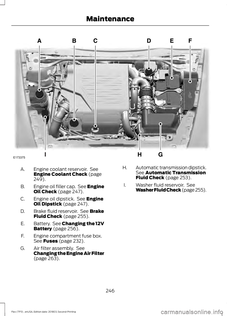 FORD FLEX 2019  Owners Manual Engine coolant reservoir.  See
Engine Coolant Check (page
249).
A.
Engine oil filler cap.  See Engine
Oil Check
 (page 247).
B.
Engine oil dipstick.  See 
Engine
Oil Dipstick (page 247).
C.
Brake flui