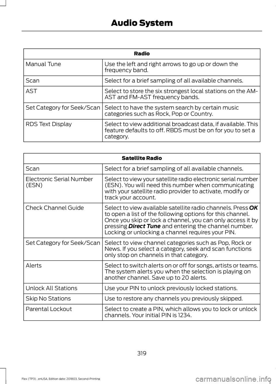 FORD FLEX 2019 Owners Manual Radio
Use the left and right arrows to go up or down the
frequency band.
Manual Tune
Select for a brief sampling of all available channels.
Scan
Select to store the six strongest local stations on the FORD FLEX 2019 Owners Manual Radio
Use the left and right arrows to go up or down the
frequency band.
Manual Tune
Select for a brief sampling of all available channels.
Scan
Select to store the six strongest local stations on the