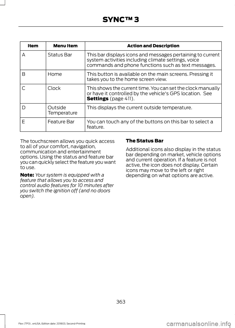 FORD FLEX 2019  Owners Manual Action and Description
Menu Item
Item
This bar displays icons and messages pertaining to current
system activities including climate settings, voice
commands and phone functions such as text messages.