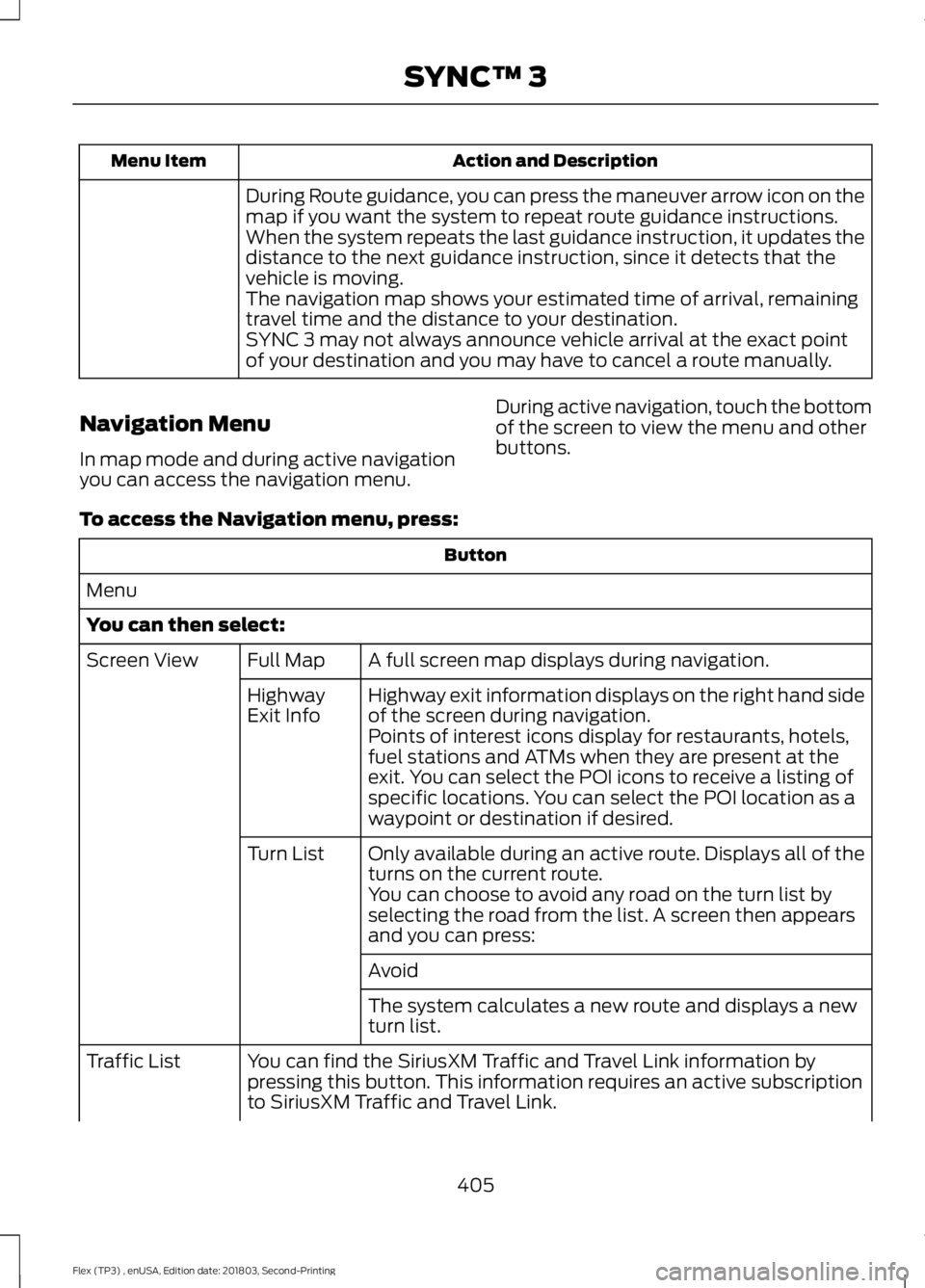 FORD FLEX 2019 Owners Manual Action and Description
Menu Item
During Route guidance, you can press the maneuver arrow icon on the
map if you want the system to repeat route guidance instructions.
When the system repeats the last FORD FLEX 2019 Owners Manual Action and Description
Menu Item
During Route guidance, you can press the maneuver arrow icon on the
map if you want the system to repeat route guidance instructions.
When the system repeats the last