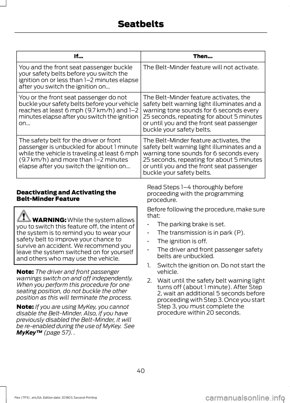 FORD FLEX 2019 Service Manual Then...
If...
The Belt-Minder feature will not activate.
You and the front seat passenger buckle
your safety belts before you switch the
ignition on or less than 1– 2 minutes elapse
after you switch FORD FLEX 2019 Service Manual Then...
If...
The Belt-Minder feature will not activate.
You and the front seat passenger buckle
your safety belts before you switch the
ignition on or less than 1– 2 minutes elapse
after you switch