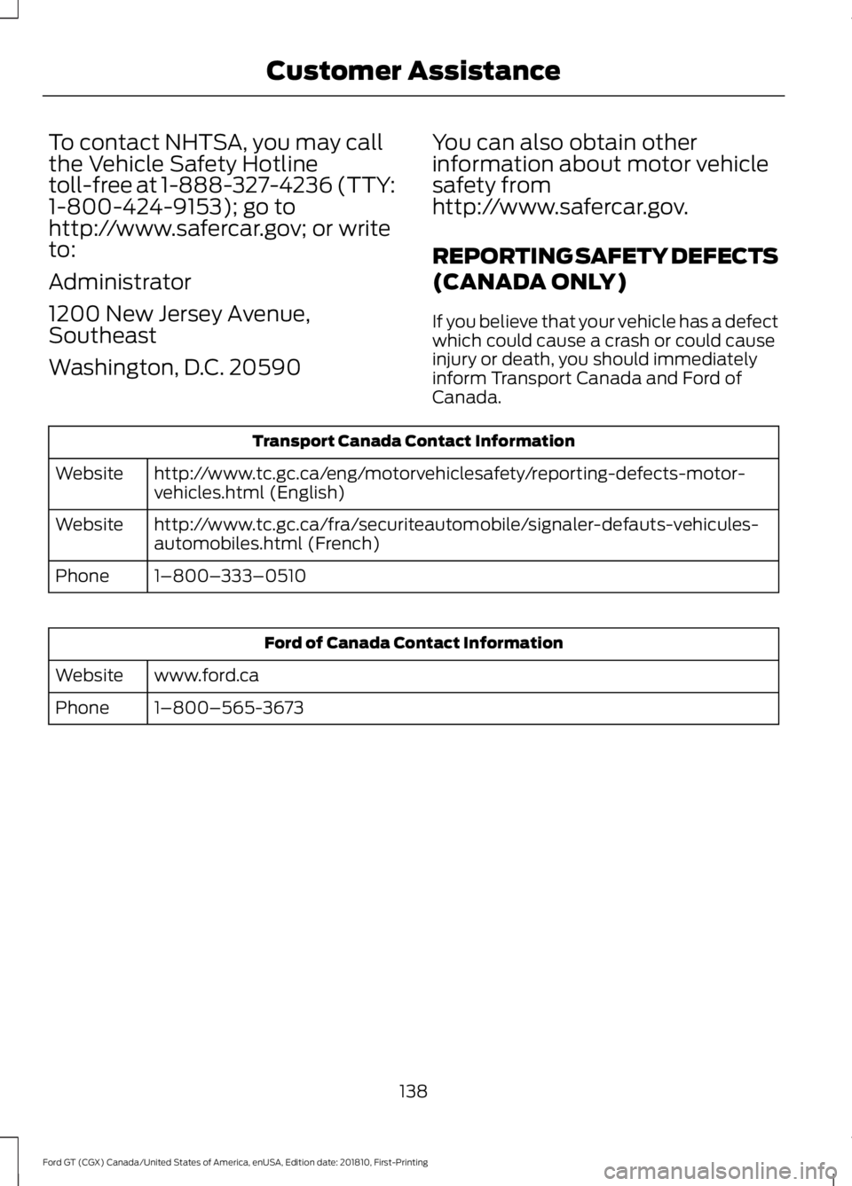 FORD GT 2019  Owners Manual To contact NHTSA, you may call
the Vehicle Safety Hotline
toll-free at 1-888-327-4236 (TTY:
1-800-424-9153); go to
http://www.safercar.gov; or write
to:
Administrator
1200 New Jersey Avenue,
Southeast