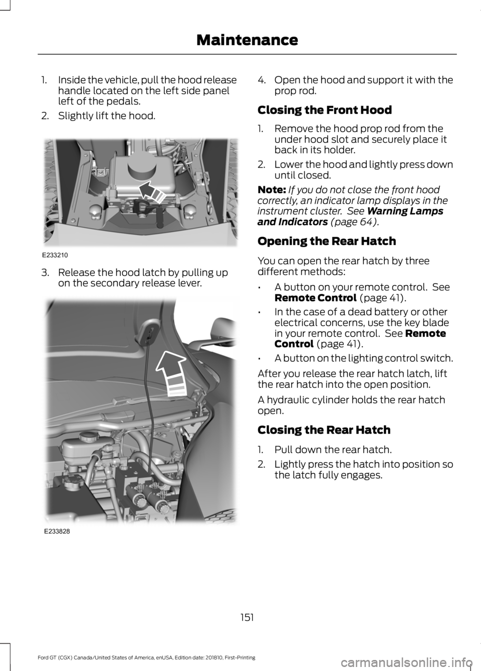 FORD GT 2019  Owners Manual 1.
Inside the vehicle, pull the hood release
handle located on the left side panel
left of the pedals.
2. Slightly lift the hood. 3. Release the hood latch by pulling up
on the secondary release lever