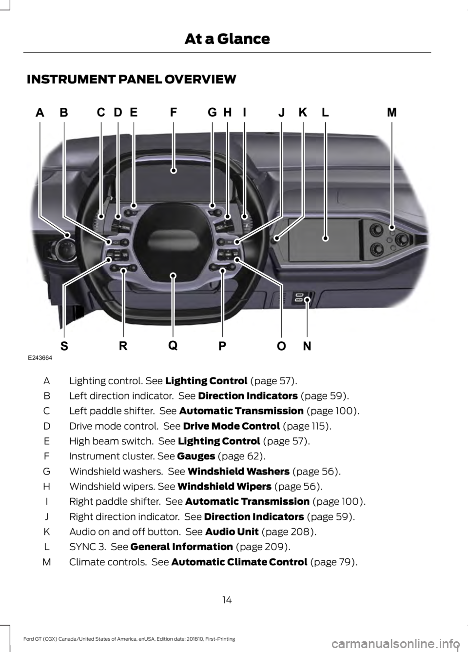 FORD GT 2019 User Guide INSTRUMENT PANEL OVERVIEW
Lighting control. See Lighting Control (page 57).
A
Left direction indicator.  See 
Direction Indicators (page 59).
B
Left paddle shifter.  See 
Automatic Transmission (page 