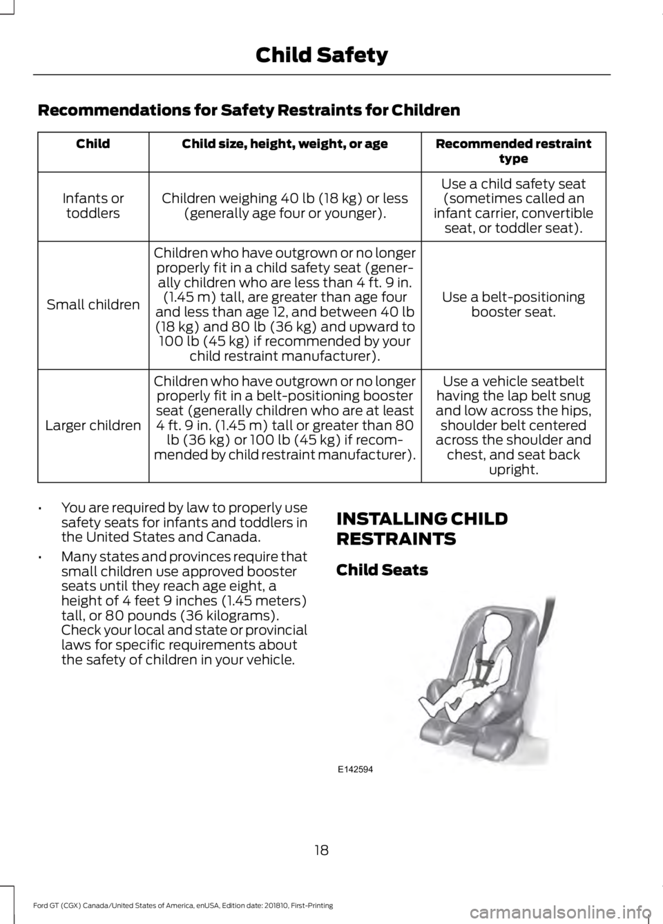 FORD GT 2019 Owners Manual Recommendations for Safety Restraints for Children
Recommended restraint
type
Child size, height, weight, or age
Child
Use a child safety seat(sometimes called an
infant carrier, convertible seat, or FORD GT 2019 Owners Manual Recommendations for Safety Restraints for Children
Recommended restraint
type
Child size, height, weight, or age
Child
Use a child safety seat(sometimes called an
infant carrier, convertible seat, or