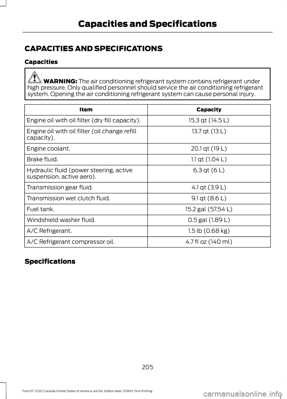FORD GT 2019 Owners Manual CAPACITIES AND SPECIFICATIONS
Capacities
WARNING: The air conditioning refrigerant system contains refrigerant under
high pressure. Only qualified personnel should service the air conditioning refrige FORD GT 2019 Owners Manual CAPACITIES AND SPECIFICATIONS
Capacities
WARNING: The air conditioning refrigerant system contains refrigerant under
high pressure. Only qualified personnel should service the air conditioning refrige