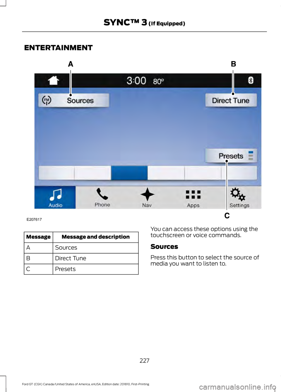 FORD GT 2019 Owners Manual ENTERTAINMENT
Message and description
Message
Sources
A
Direct Tune
B
Presets
C You can access these options using the
touchscreen or voice commands.
Sources
Press this button to select the source of
FORD GT 2019 Owners Manual ENTERTAINMENT
Message and description
Message
Sources
A
Direct Tune
B
Presets
C You can access these options using the
touchscreen or voice commands.
Sources
Press this button to select the source of