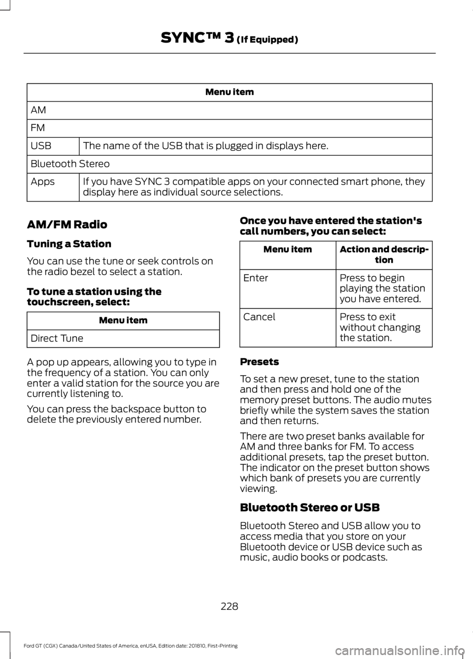 FORD GT 2019 Owners Manual Menu item
AM
FM The name of the USB that is plugged in displays here.
USB
Bluetooth Stereo
If you have SYNC 3 compatible apps on your connected smart phone, they
display here as individual source sele FORD GT 2019 Owners Manual Menu item
AM
FM The name of the USB that is plugged in displays here.
USB
Bluetooth Stereo
If you have SYNC 3 compatible apps on your connected smart phone, they
display here as individual source sele