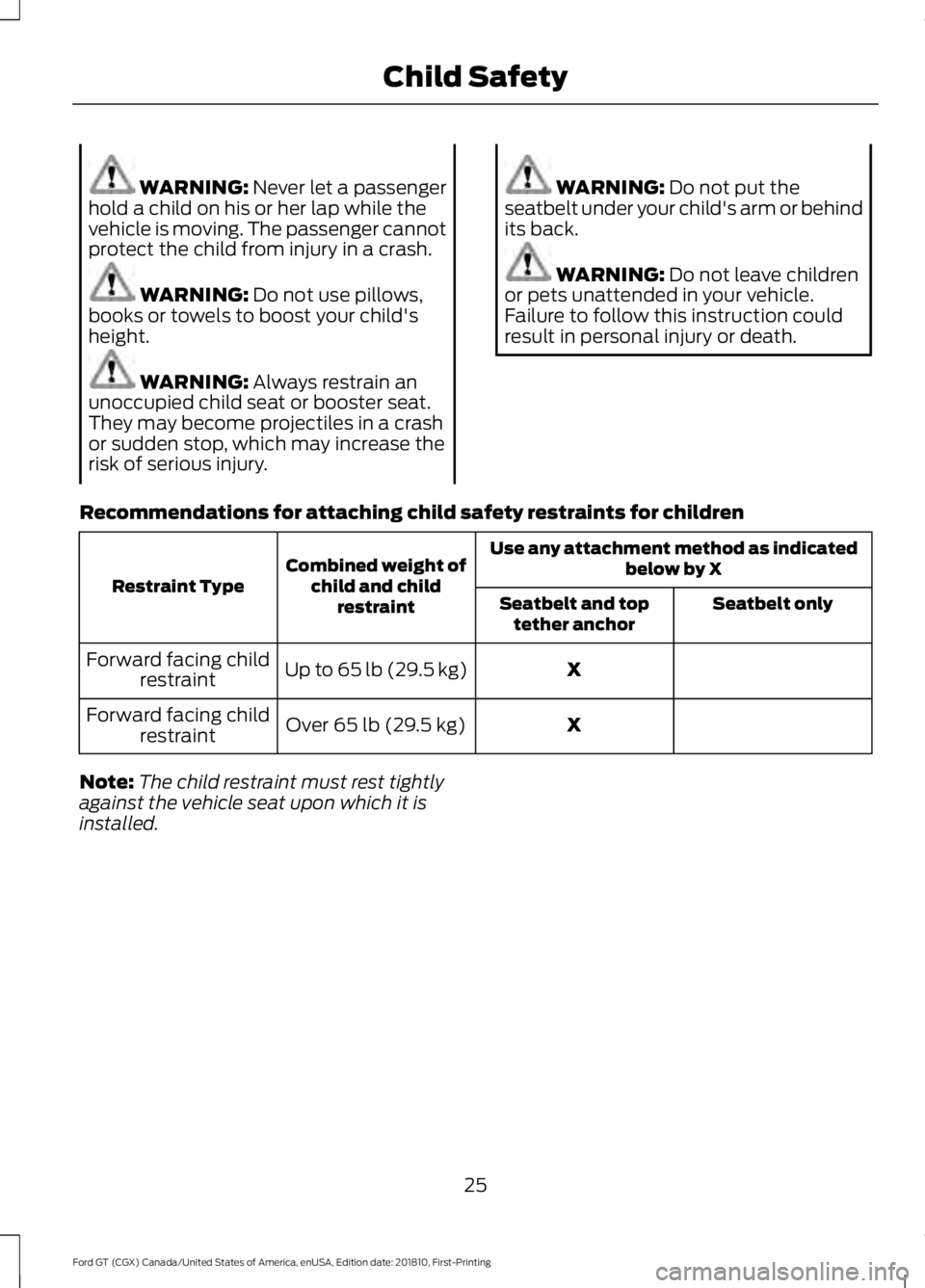 FORD GT 2019 Owners Manual WARNING: Never let a passenger
hold a child on his or her lap while the
vehicle is moving. The passenger cannot
protect the child from injury in a crash. WARNING:
Do not use pillows,
books or towels FORD GT 2019 Owners Manual WARNING: Never let a passenger
hold a child on his or her lap while the
vehicle is moving. The passenger cannot
protect the child from injury in a crash. WARNING:
Do not use pillows,
books or towels