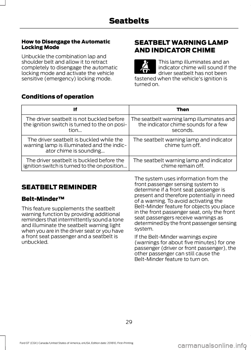 FORD GT 2019 Owners Guide How to Disengage the Automatic
Locking Mode
Unbuckle the combination lap and
shoulder belt and allow it to retract
completely to disengage the automatic
locking mode and activate the vehicle
sensitive FORD GT 2019 Owners Guide How to Disengage the Automatic
Locking Mode
Unbuckle the combination lap and
shoulder belt and allow it to retract
completely to disengage the automatic
locking mode and activate the vehicle
sensitive