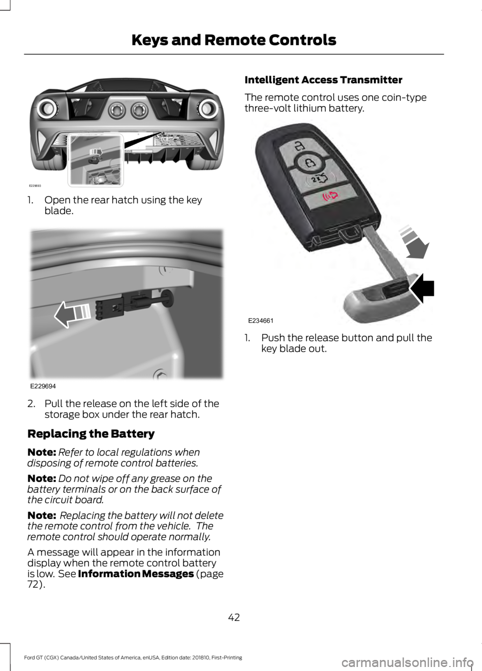 FORD GT 2019 Service Manual 1. Open the rear hatch using the key
blade. 2. Pull the release on the left side of the
storage box under the rear hatch.
Replacing the Battery
Note: Refer to local regulations when
disposing of remot FORD GT 2019 Service Manual 1. Open the rear hatch using the key
blade. 2. Pull the release on the left side of the
storage box under the rear hatch.
Replacing the Battery
Note: Refer to local regulations when
disposing of remot