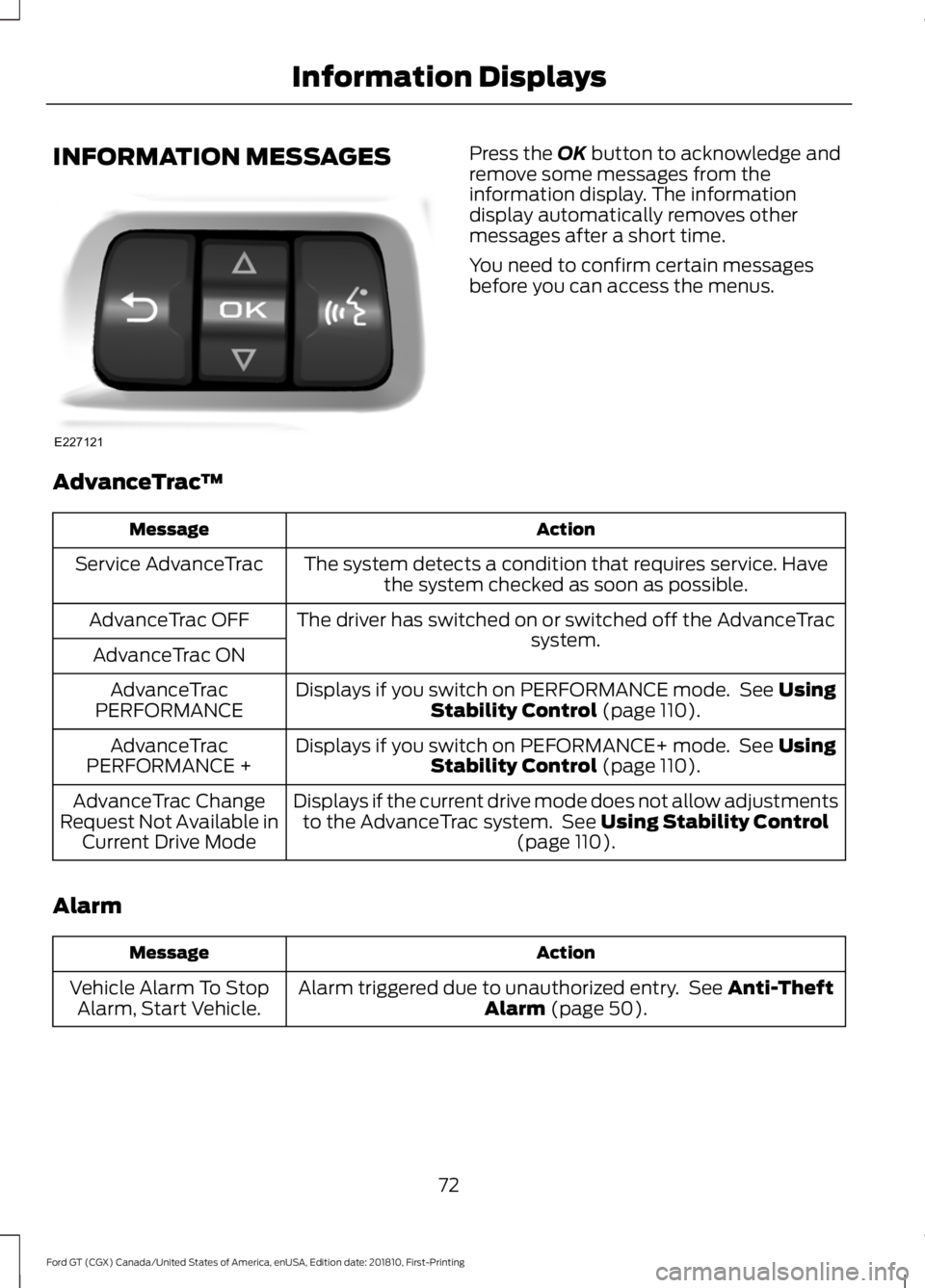 FORD GT 2019 Manual PDF INFORMATION MESSAGES Press the OK button to acknowledge and
remove some messages from the
information display. The information
display automatically removes other
messages after a short time.
You need FORD GT 2019 Manual PDF INFORMATION MESSAGES Press the OK button to acknowledge and
remove some messages from the
information display. The information
display automatically removes other
messages after a short time.
You need
