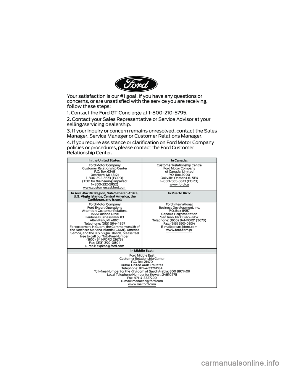 FORD GT 2019 Warranty Guide Your satisfaction is our #1 goal. If you have any questions or
concerns, or are unsatisfied with the service you are receiving,
follow these steps:
1. Contact the Ford GT Concierge at 1-800-210-5795.
FORD GT 2019 Warranty Guide Your satisfaction is our #1 goal. If you have any questions or
concerns, or are unsatisfied with the service you are receiving,
follow these steps:
1. Contact the Ford GT Concierge at 1-800-210-5795.