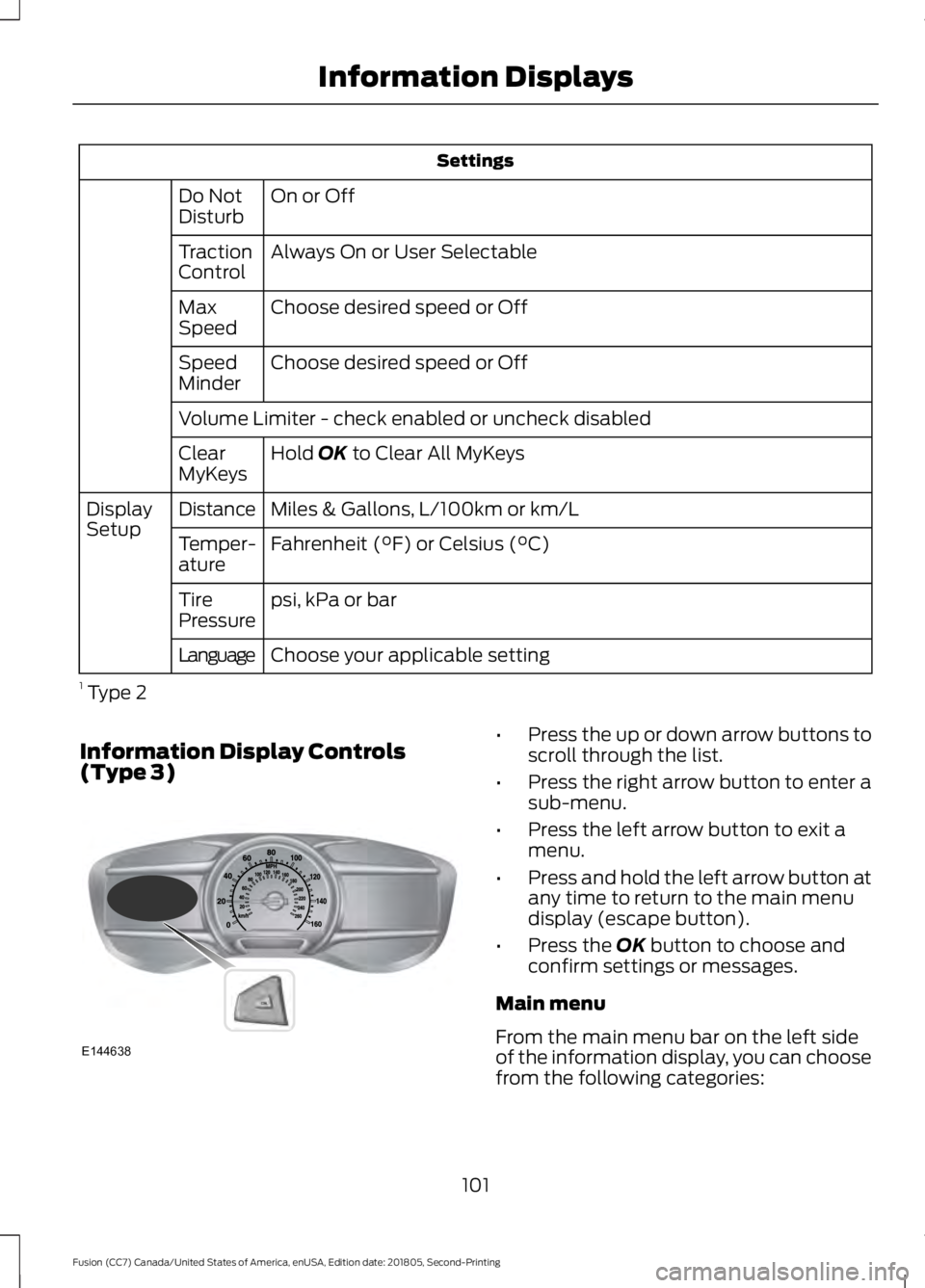 FORD FUSION 2019  Owners Manual Settings
On or Off
Do Not
Disturb
Always On or User Selectable
Traction
Control
Choose desired speed or Off
Max
Speed
Choose desired speed or Off
Speed
Minder
Volume Limiter - check enabled or uncheck