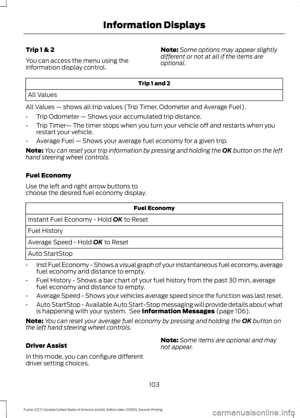 FORD FUSION 2019 Owners Manual Trip 1 & 2
You can access the menu using the
information display control.
Note:
Some options may appear slightly
different or not at all if the items are
optional. Trip 1 and 2
All Values
All Values â FORD FUSION 2019 Owners Manual Trip 1 & 2
You can access the menu using the
information display control.
Note:
Some options may appear slightly
different or not at all if the items are
optional. Trip 1 and 2
All Values
All Values â