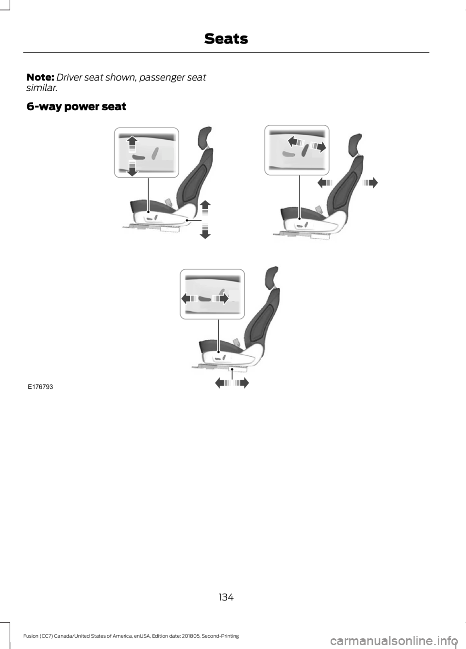 FORD FUSION 2019 Owners Manual Note:
Driver seat shown, passenger seat
similar.
6-way power seat 134
Fusion (CC7) Canada/United States of America, enUSA, Edition date: 201805, Second-Printing SeatsE176793 FORD FUSION 2019 Owners Manual Note:
Driver seat shown, passenger seat
similar.
6-way power seat 134
Fusion (CC7) Canada/United States of America, enUSA, Edition date: 201805, Second-Printing SeatsE176793
