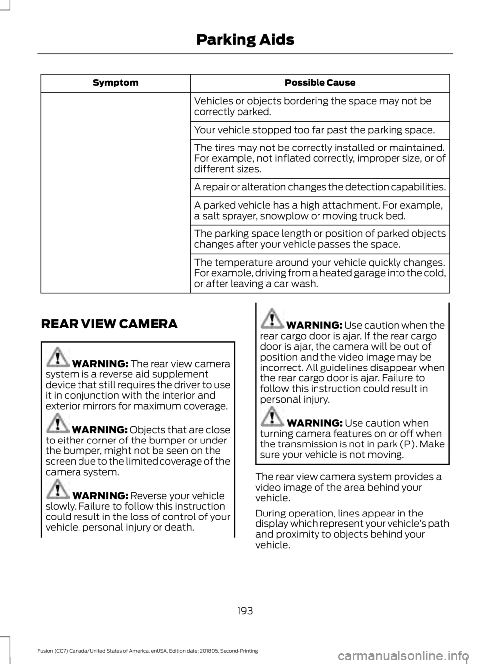 FORD FUSION 2019 Owners Manual Possible Cause
Symptom
Vehicles or objects bordering the space may not be
correctly parked.
Your vehicle stopped too far past the parking space.
The tires may not be correctly installed or maintained. FORD FUSION 2019 Owners Manual Possible Cause
Symptom
Vehicles or objects bordering the space may not be
correctly parked.
Your vehicle stopped too far past the parking space.
The tires may not be correctly installed or maintained.