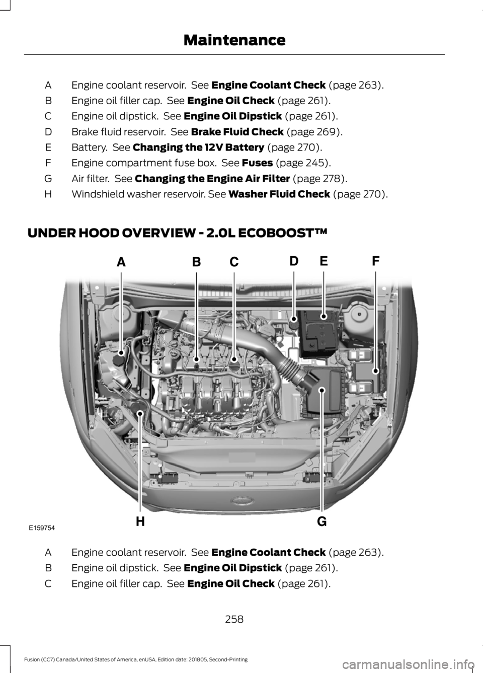 FORD FUSION 2019  Owners Manual Engine coolant reservoir.  See Engine Coolant Check (page 263).
A
Engine oil filler cap.  See 
Engine Oil Check (page 261).
B
Engine oil dipstick.  See 
Engine Oil Dipstick (page 261).
C
Brake fluid r