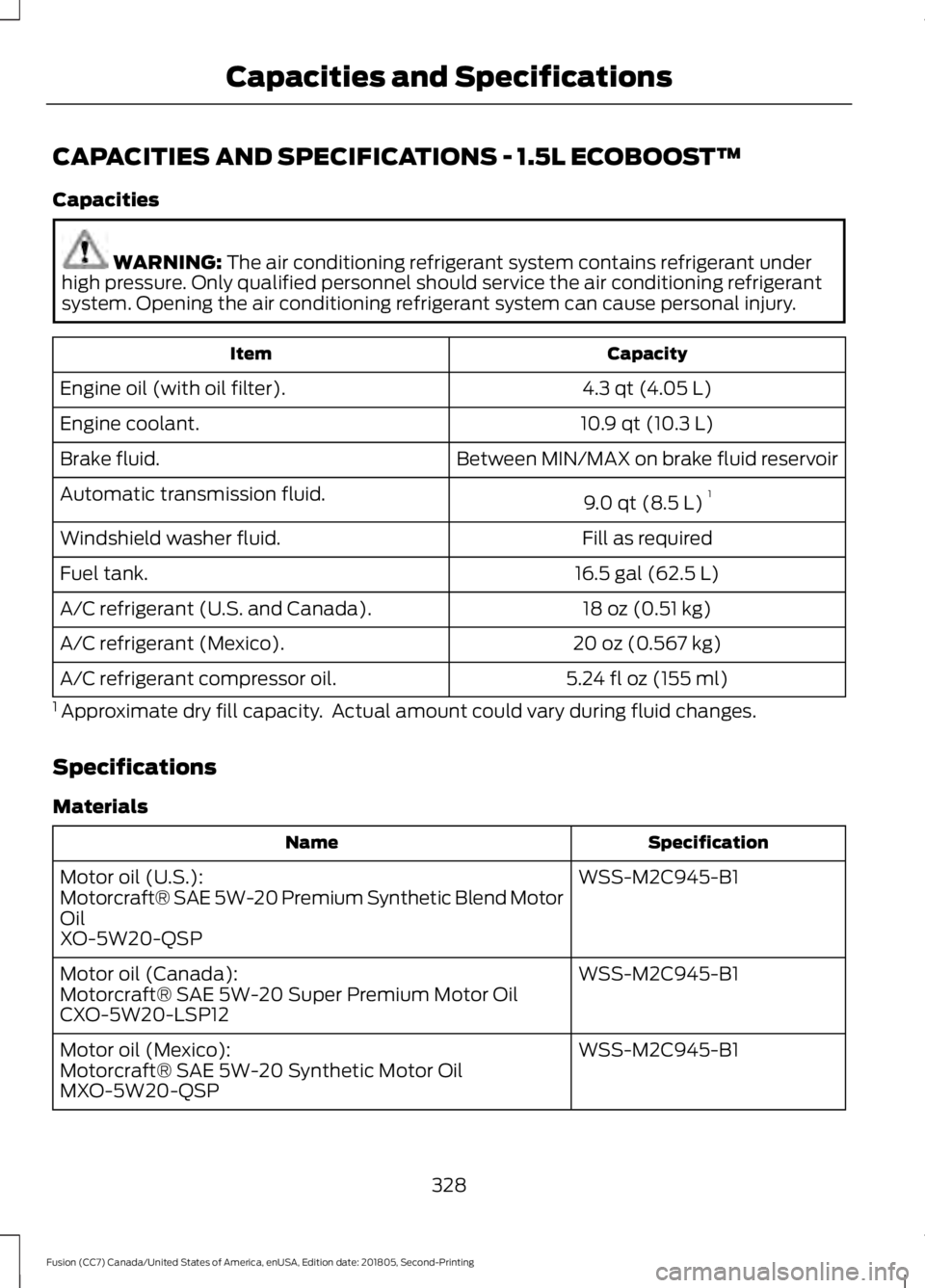 FORD FUSION 2019  Owners Manual CAPACITIES AND SPECIFICATIONS - 1.5L ECOBOOST™
Capacities
WARNING: The air conditioning refrigerant system contains refrigerant under
high pressure. Only qualified personnel should service the air c