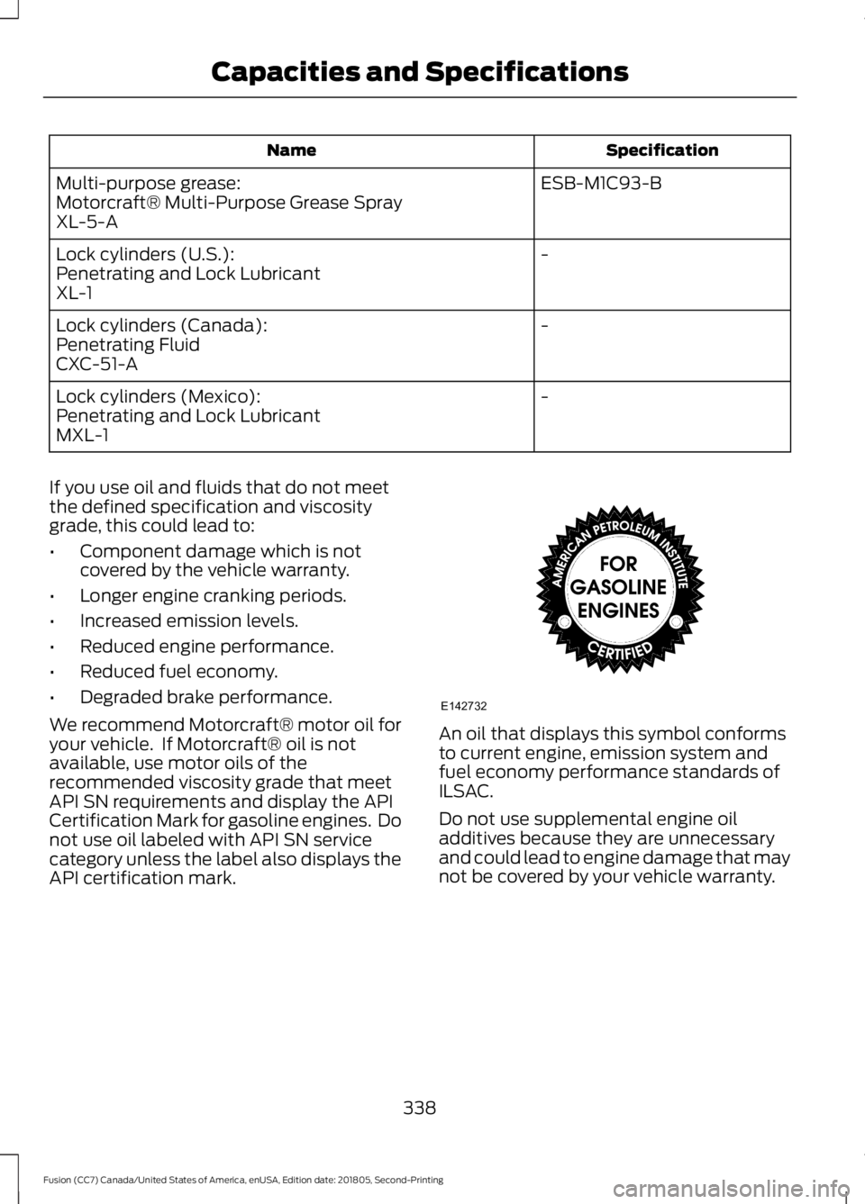 FORD FUSION 2019  Owners Manual Specification
Name
ESB-M1C93-B
Multi-purpose grease:
Motorcraft® Multi-Purpose Grease Spray
XL-5-A
-
Lock cylinders (U.S.):
Penetrating and Lock Lubricant
XL-1
-
Lock cylinders (Canada):
Penetrating 