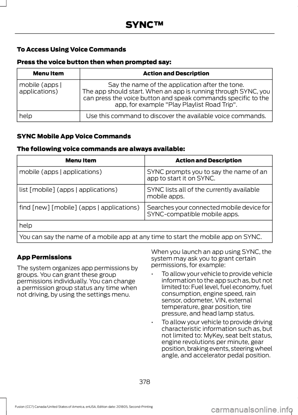 FORD FUSION 2019 Owners Manual To Access Using Voice Commands
Press the voice button then when prompted say:
Action and Description
Menu Item
Say the name of the application after the tone.
The app should start. When an app is runn FORD FUSION 2019 Owners Manual To Access Using Voice Commands
Press the voice button then when prompted say:
Action and Description
Menu Item
Say the name of the application after the tone.
The app should start. When an app is runn