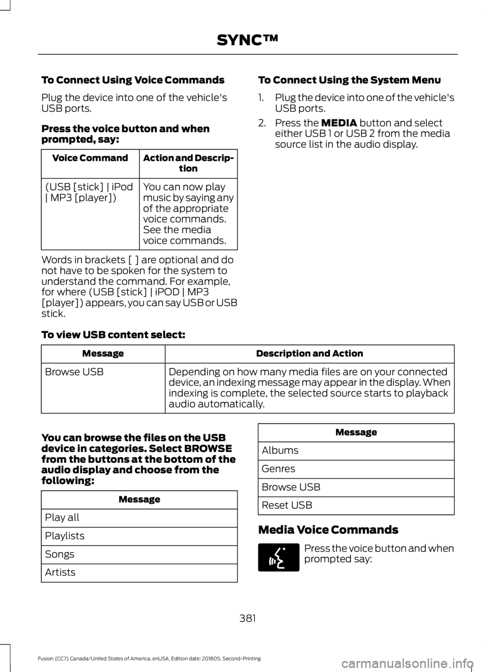 FORD FUSION 2019 Owners Manual To Connect Using Voice Commands
Plug the device into one of the vehicle's
USB ports.
Press the voice button and when
prompted, say:
Action and Descrip-
tion
Voice Command
You can now play
music by FORD FUSION 2019 Owners Manual To Connect Using Voice Commands
Plug the device into one of the vehicle's
USB ports.
Press the voice button and when
prompted, say:
Action and Descrip-
tion
Voice Command
You can now play
music by