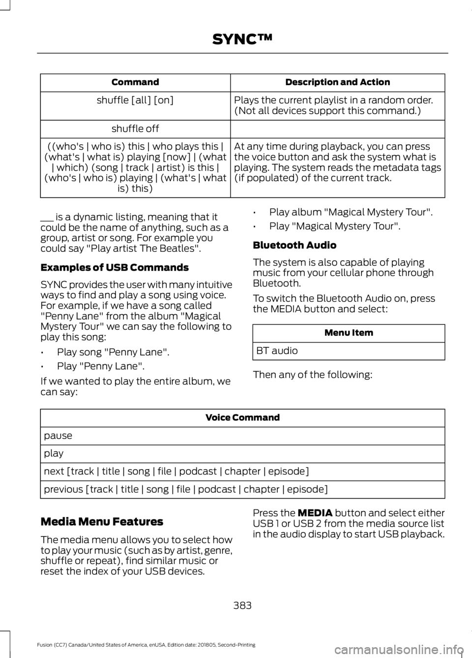 FORD FUSION 2019  Owners Manual Description and Action
Command
Plays the current playlist in a random order.
(Not all devices support this command.)
shuffle [all] [on]
shuffle off At any time during playback, you can press
the voice